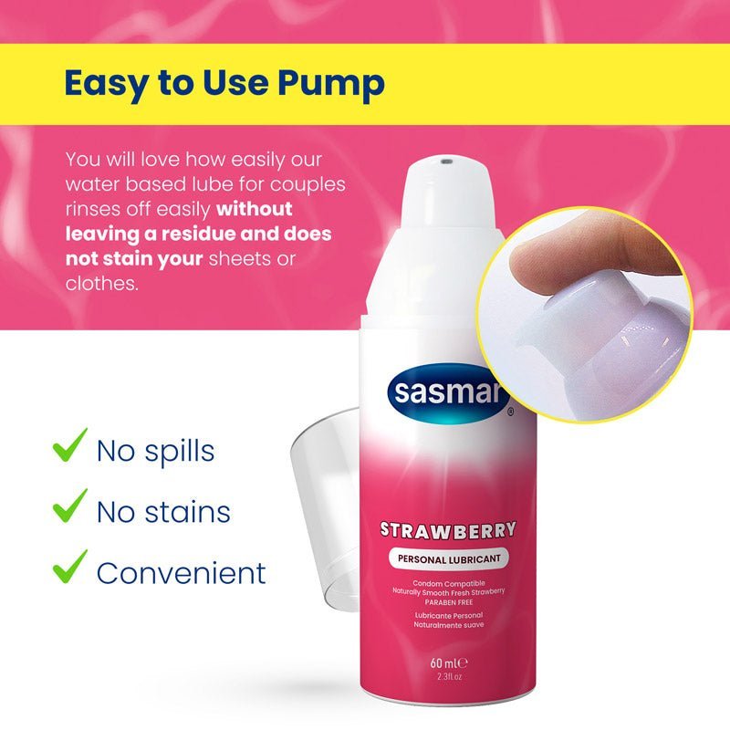 Sasmar strawberry personal lubricant bottle with pump on pink background