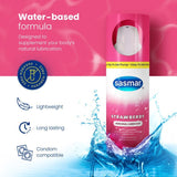 Sasmar strawberry personal lubricant packaging with water-based formula text on a pink and blue background