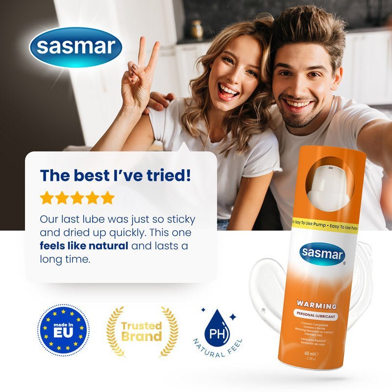 Couple in a kitchen with Sasmar product and positive review text