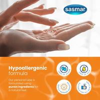 Person holding a small container of lubricant with Sasmar branding and product features.