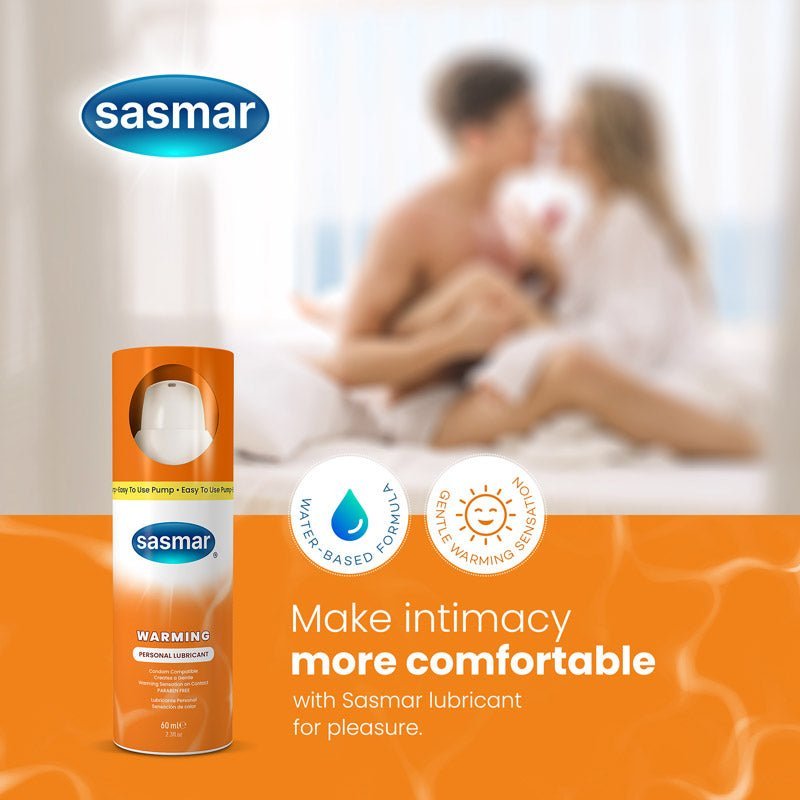 Sasmar lubricant packaging with a couple in the background, emphasizing comfort during intimacy.
