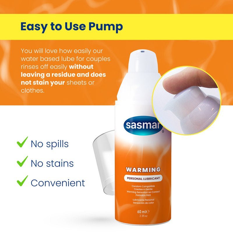 Sasmar warming personal lubricant with pump on an orange background