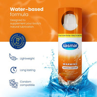 Sasmar warming personal lubricant bottle with water splash on an orange background