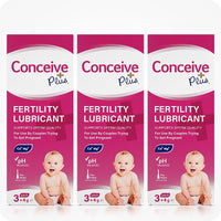 TRY ME SIZE - Fertility Lubricant 3x4g featuring image of 3-pack showing three boxes, supports sperm quality, pH balanced, pre-filled applicators. Pink boxes with white branding and text.