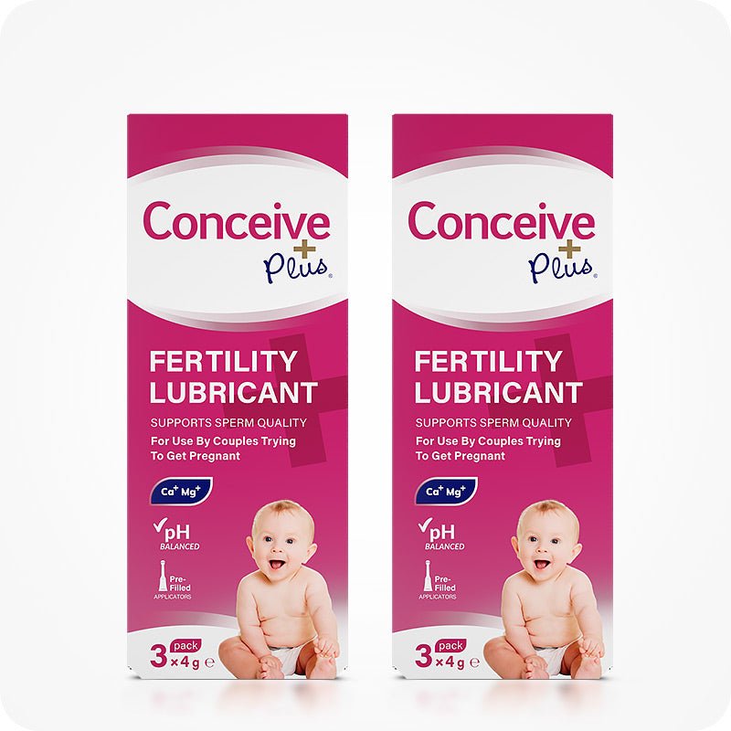 TRY ME SIZE - Fertility Lubricant 3x4g featuring image of 2-pack product boxes with baby image, pH balanced, supports sperm quality. Pink boxes with white branding and text.