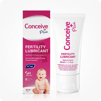 TRY ME SIZE Fertility Lubricant Bundle showing 30ml Conceive Plus tube and box, supports sperm quality and pH balance. Pink box white text, white tube pink text.
