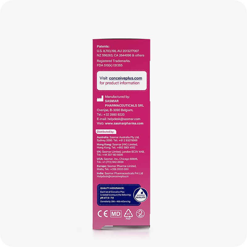 TRY ME SIZE Fertility Lubricant Bundle side view of 3x4g pack box showing manufacturer and distributor details with product quality assurance panel. Pink box white text.