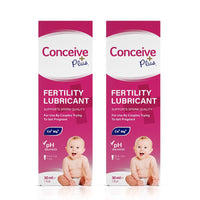 TRY ME SIZE Fertility Lubricant Bundle 2-pack of 30ml boxes shown front-facing, highlighting pH balance, calcium and magnesium ions, and use for couples trying to conceive. Pink boxes white text.