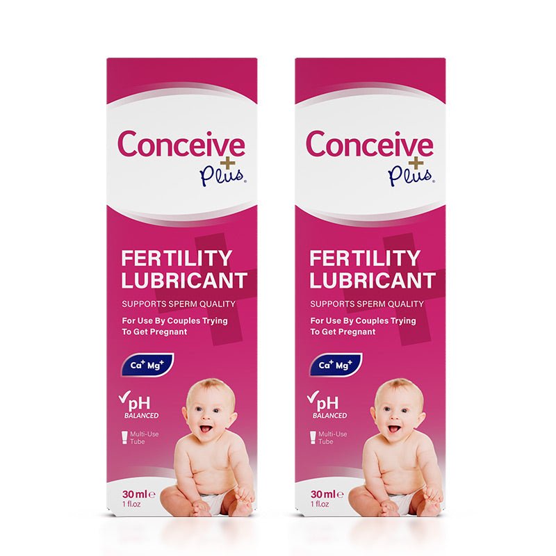 TRY ME SIZE Fertility Lubricant Bundle 2-pack of 30ml boxes shown front-facing, highlighting pH balance, calcium and magnesium ions, and use for couples trying to conceive. Pink boxes white text.