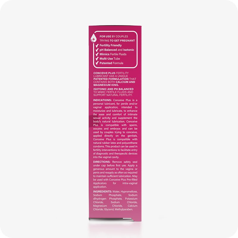 TRY ME SIZE Fertility Lubricant Bundle featuring image of side panel of 30ml box showing ingredients, usage directions, and product benefits. Pink box white text.