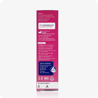 TRY ME SIZE Fertility Lubricant Bundle showing side panel of 30ml box with manufacturer information, distributor contacts, and product quality assurance. Pink box white text