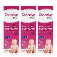 TRY ME SIZE Fertility Lubricant Bundle showing 3-pack of Conceive Plus 30ml tubes, Ca⁺ Mg⁺ symbols, and indicating use for couples TTC. Pink boxes white text.