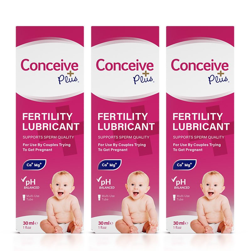 TRY ME SIZE Fertility Lubricant Bundle showing 3-pack of Conceive Plus 30ml tubes, Ca⁺ Mg⁺ symbols, and indicating use for couples TTC. Pink boxes white text.
