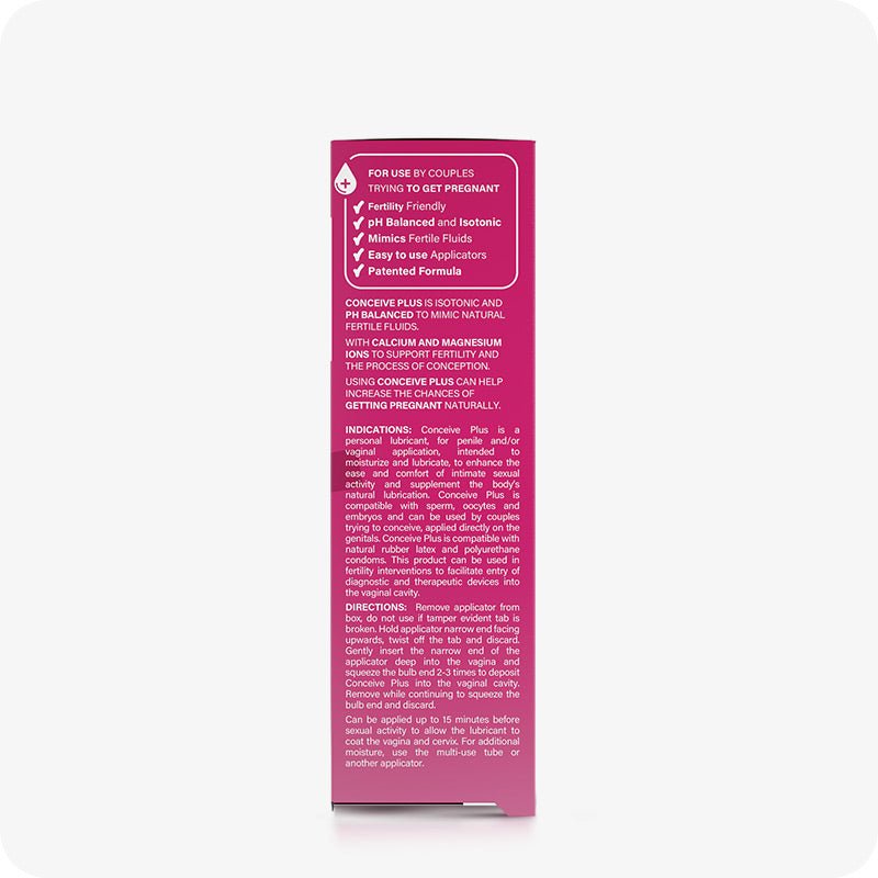 TRY ME SIZE Fertility Lubricant Bundle showing side panel of 3x4g pre-filled applicator box with product benefits, formulation, directions, and ingredient list. Pink box white text.