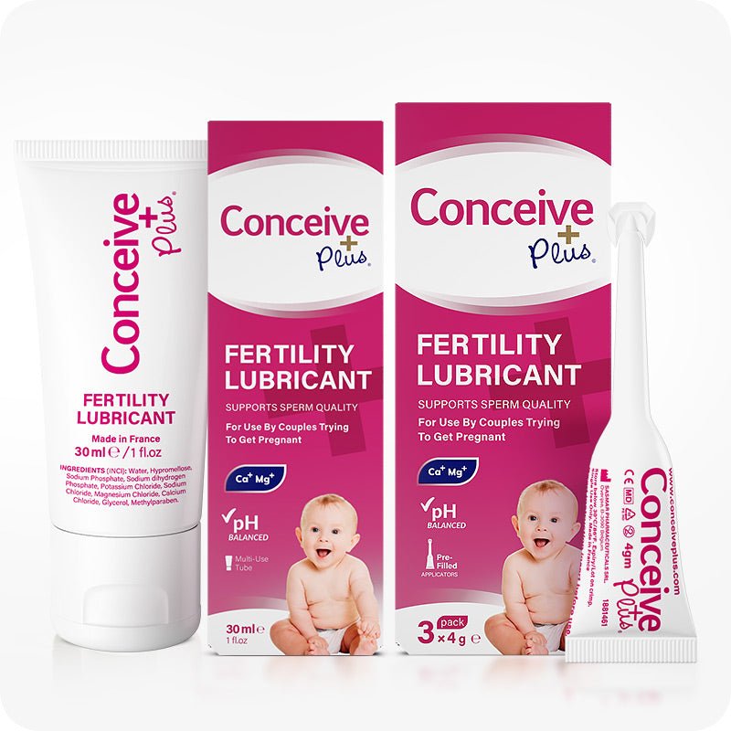 TRY ME SIZE Fertility Lubricant Bundle featuring images of 30ml tube, 30ml box, and 3x4g applicator and its box with info on pH balance, supports sperm quality. Pink boxes white text. White tube and applicator with pink text.
