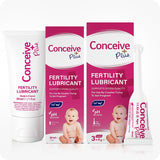 TRY ME SIZE Fertility Lubricant Bundle featuring images of 30ml tube, 30ml box, and 3x4g applicator and its box with info on pH balance, supports sperm quality. Pink boxes white text. White tube and applicator with pink text.