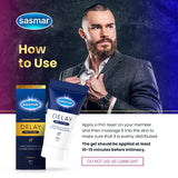 Sasmar Delay Gel for Men advertisement showing a man in a suit holding the product tube, with the product box and tube displayed in the foreground and usage instructions on a white background.