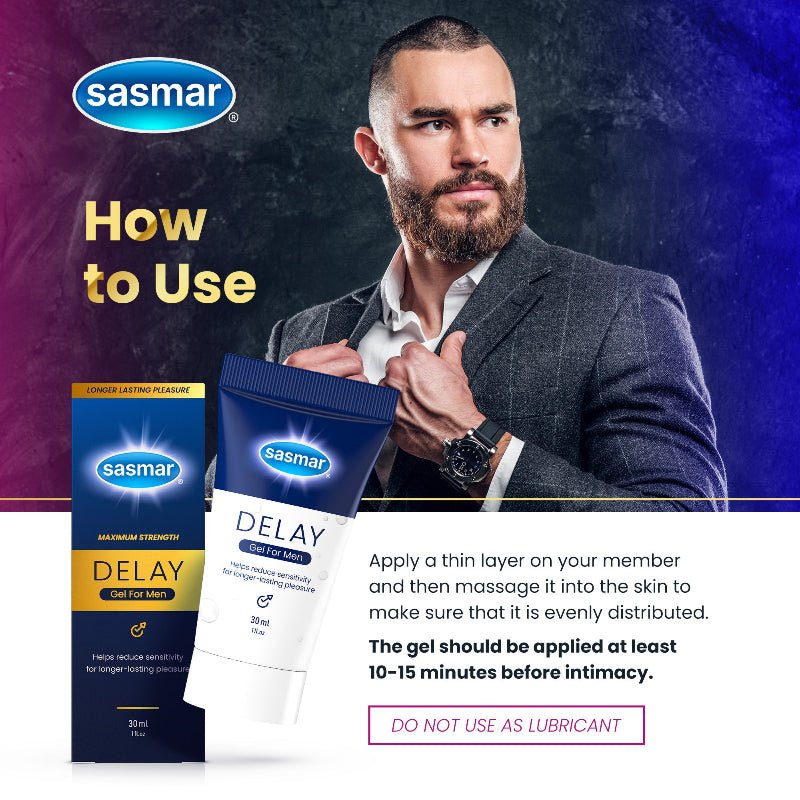 Sasmar Delay Gel for Men advertisement showing a man in a suit holding the product tube, with the product box and tube displayed in the foreground and usage instructions on a white background.
