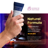 A hand holds a tube of SASMAR Delay Gel, with promotional text on a dark purple background and a white banner at the top showing product benefits.