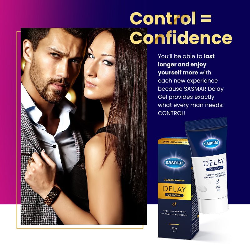 SASMAR Delay Gel advertisement featuring a man and woman on the left, with the text 'Control = Confidence' and product packaging and tube on the right against a dark blue background.